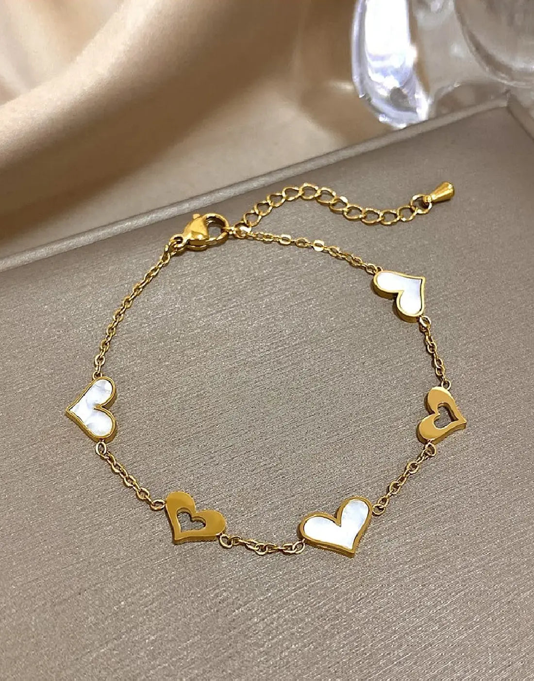 Minimalist Gold Plated Heart Charm Bracelet in Stainless Steel Finish