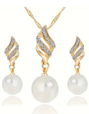 Elegant Spiral Pearl Golden Jewellery Set with Necklace and Earrings