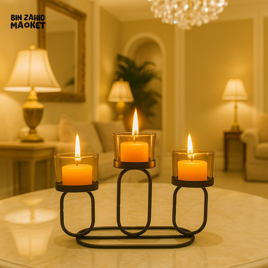 TRIPLE GLASS CANDLE HOLDER – MODERN METAL STAND FOR HOME DECOR